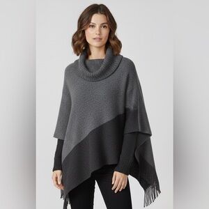 Vintage Poncho Light With Dark Gray Blocks, Fringes, Tube Collar, OS